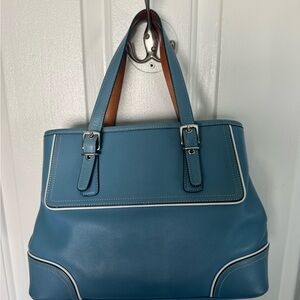 Coach Blue Leather Tote with White Trim